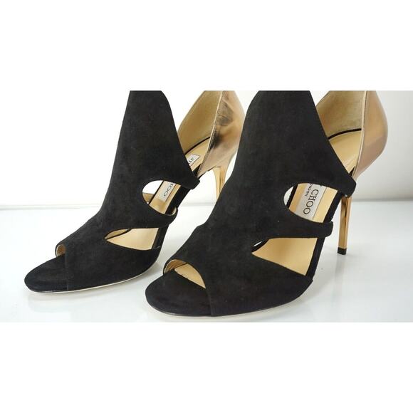 Jimmy Choo Tarine Black Suede Gold Leather Open Toe Cut Out Sandals SZ 38.5 $895 - Picture 5 of 10